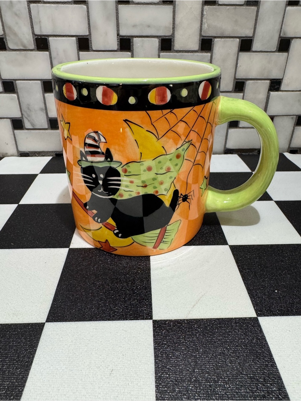Halloween Cat Ceramic Coffee Mug in Orange and Lime